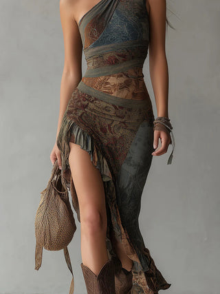 Elena™ | Printed One-Shoulder Maxi Dress with Ruffled Slit