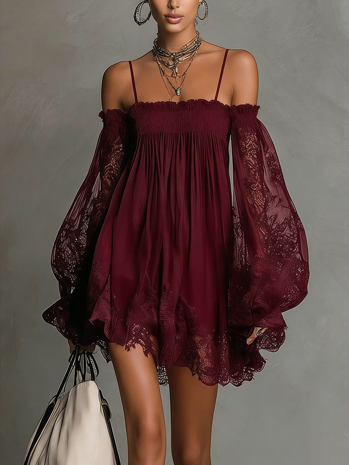 Fiorella™ | Mini Navy Chiffon Dress with Off-the-Shoulder Neckline, Lace Details, and Sheer Sleeves