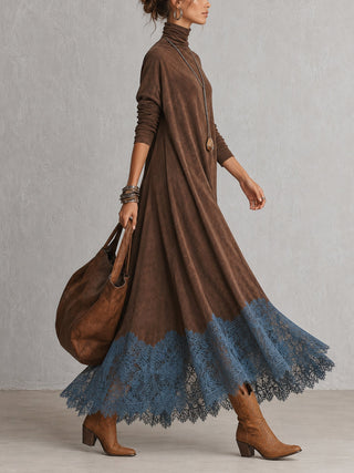 Piera | Faux Suede Maxi Dress with Lace Hem