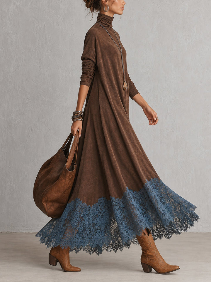 Piera | Faux Suede Maxi Dress with Lace Hem