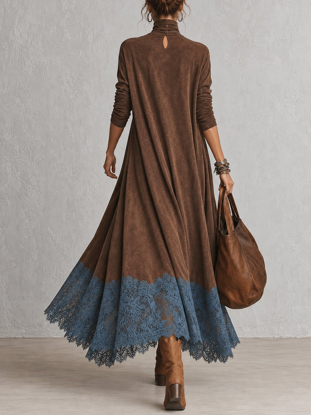 Piera | Faux Suede Maxi Dress with Lace Hem