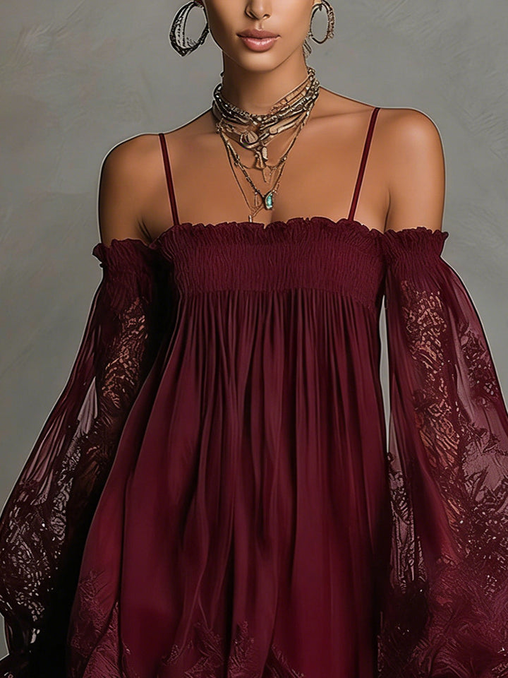 Fiorella™ | Mini Navy Chiffon Dress with Off-the-Shoulder Neckline, Lace Details, and Sheer Sleeves