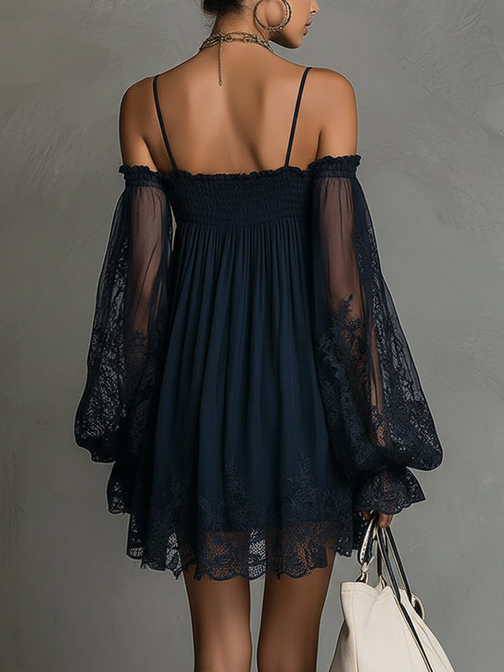 Fiorella™ | Mini Navy Chiffon Dress with Off-the-Shoulder Neckline, Lace Details, and Sheer Sleeves