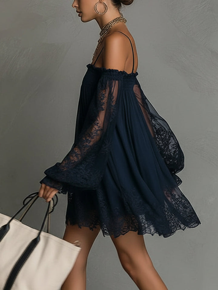 Fiorella™ | Mini Navy Chiffon Dress with Off-the-Shoulder Neckline, Lace Details, and Sheer Sleeves