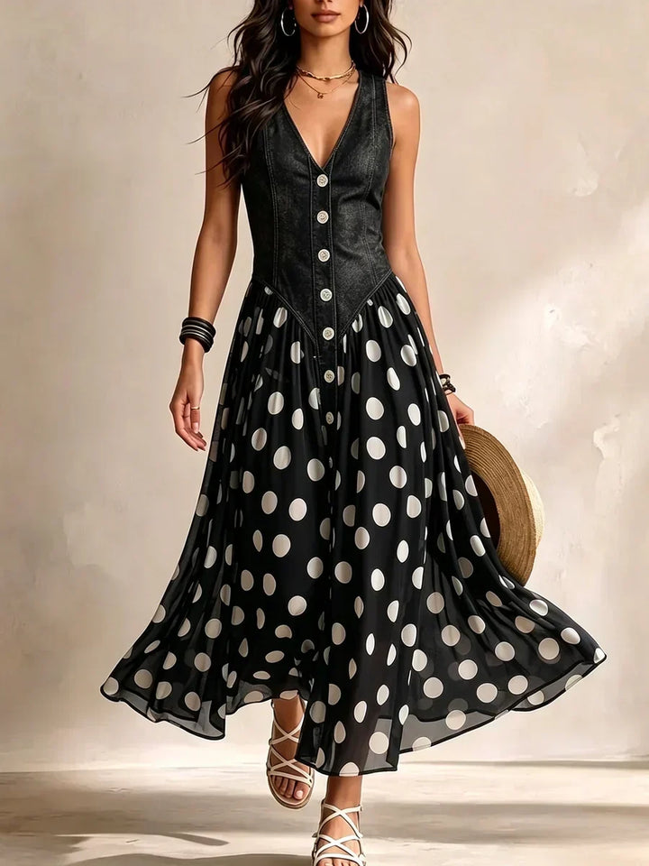 Adelina | Denim-Effect Polka Dot Maxi Dress