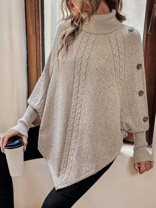 Alexis | High Neck Batwing Poncho Sweater, Asymmetrical Cable Knit Pullover