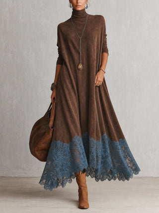 Piera | Faux Suede Maxi Dress with Lace Hem