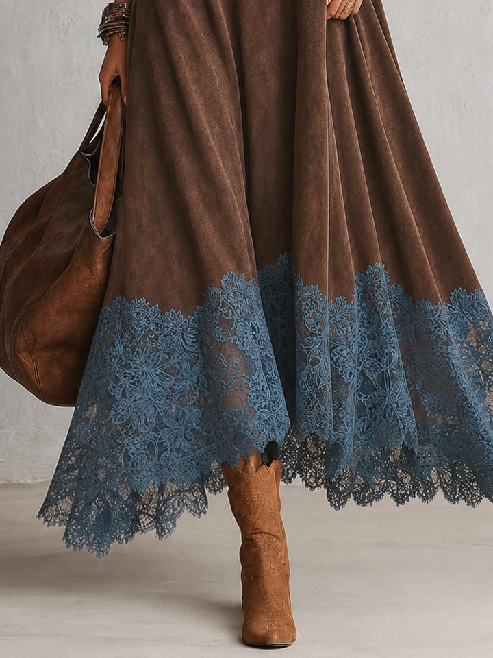 Piera | Faux Suede Maxi Dress with Lace Hem