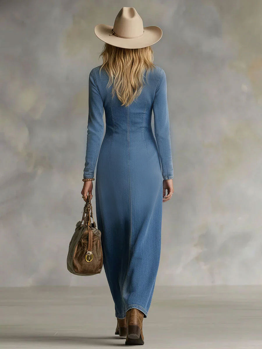 Agape | Side-Split Denim Long-Sleeve Maxi Dress
