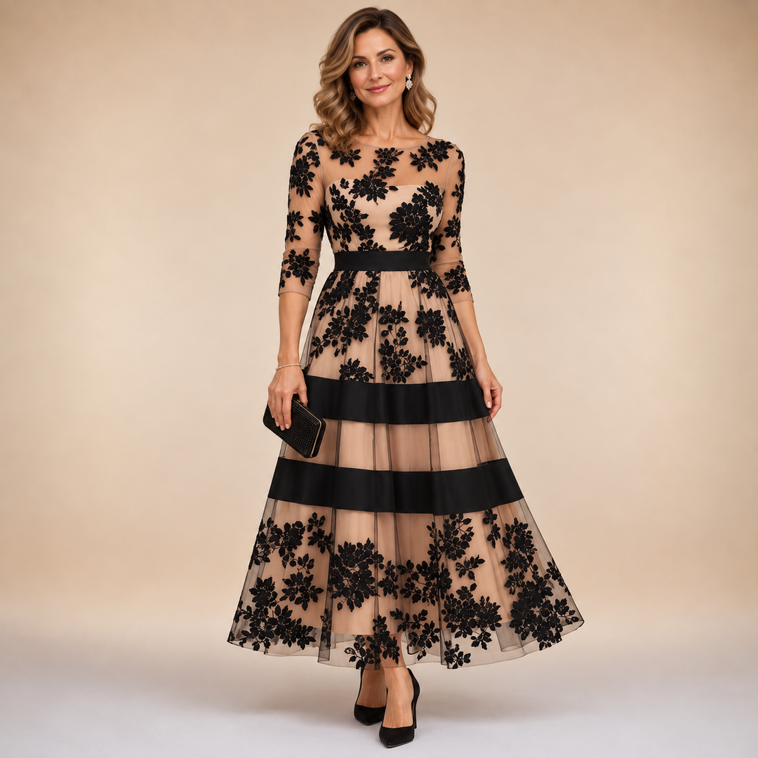 Adeline | Floral Lace Midi Evening Dress