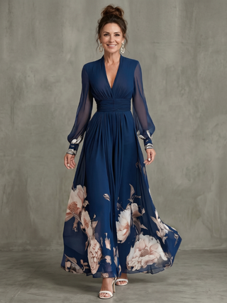 Zelia | Pleated Sheer-Sleeve Maxi Dress