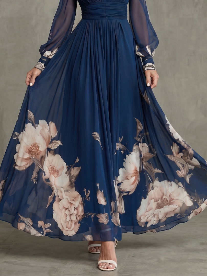 Zelia | Pleated Sheer-Sleeve Maxi Dress