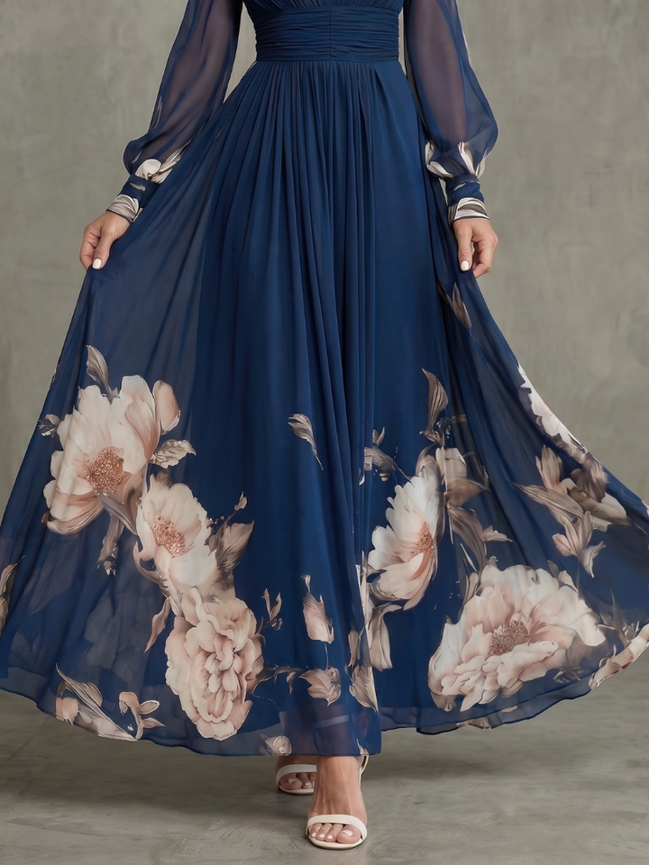 Zelia | Pleated Sheer-Sleeve Maxi Dress