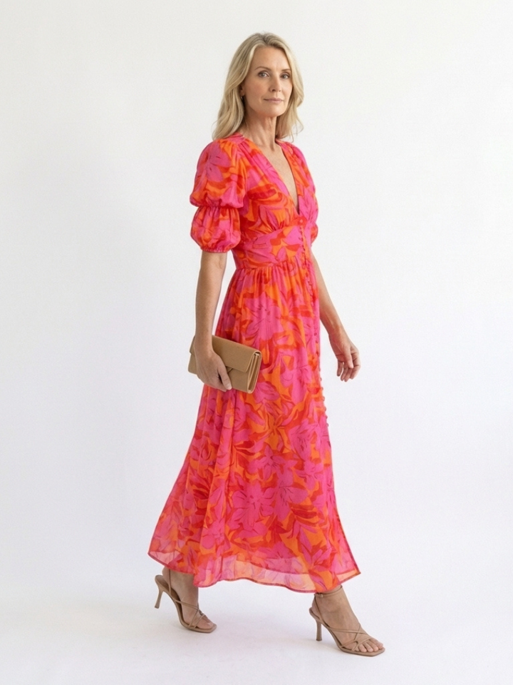 Vivian & Claire™ | Floral V Neck Puff Sleeve Midi Dress