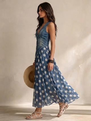 Adelina | Denim-Effect Polka Dot Maxi Dress