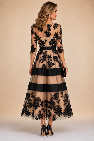 Adeline | Floral Lace Midi Evening Dress
