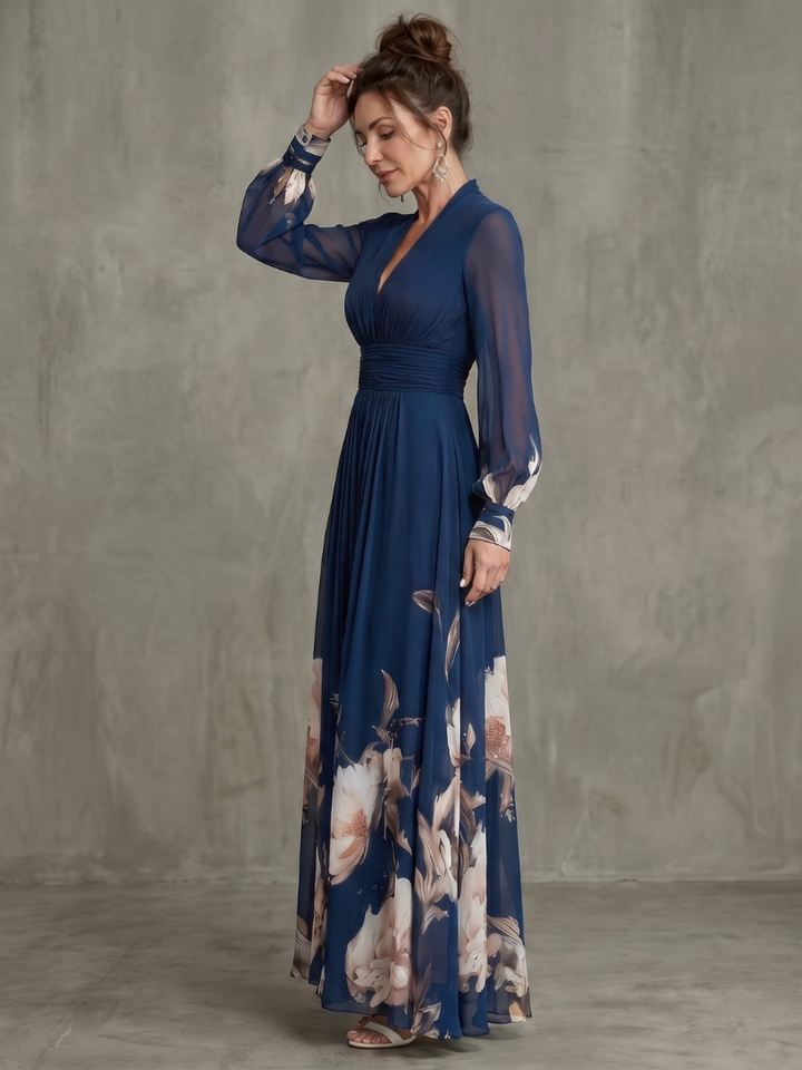 Zelia | Pleated Sheer-Sleeve Maxi Dress