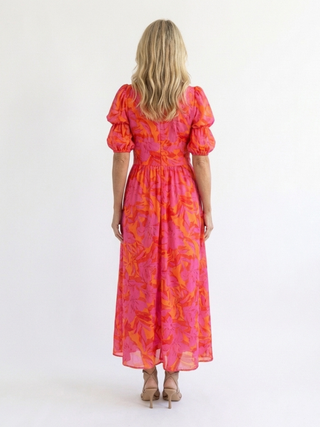 Vivian & Claire™ | Floral V Neck Puff Sleeve Midi Dress