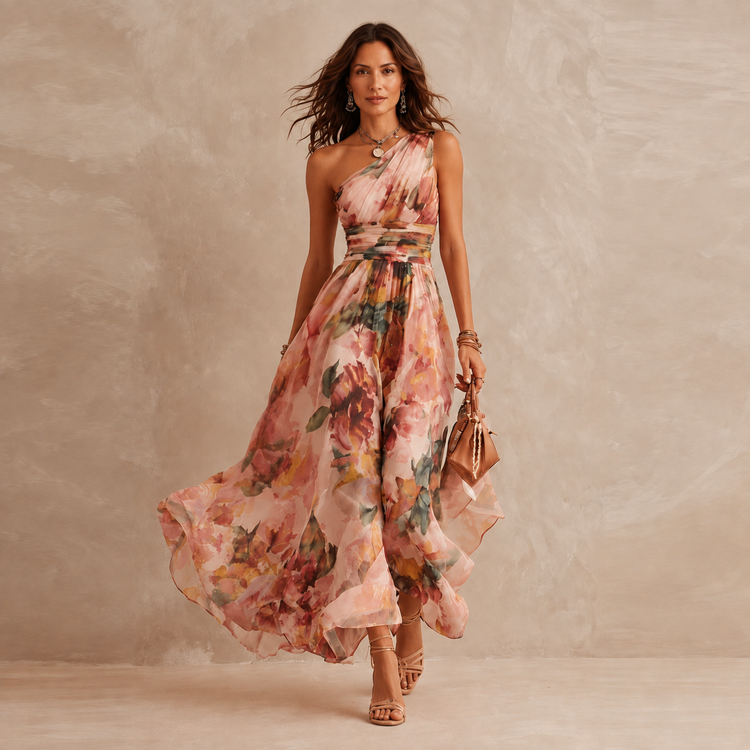 Celeste | One-Shoulder Floral Maxi Wedding Guest Dress