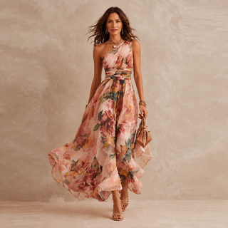 Celeste | One-Shoulder Floral Maxi Wedding Guest Dress