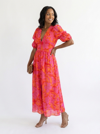 Vivian & Claire™ | Floral V Neck Puff Sleeve Midi Dress