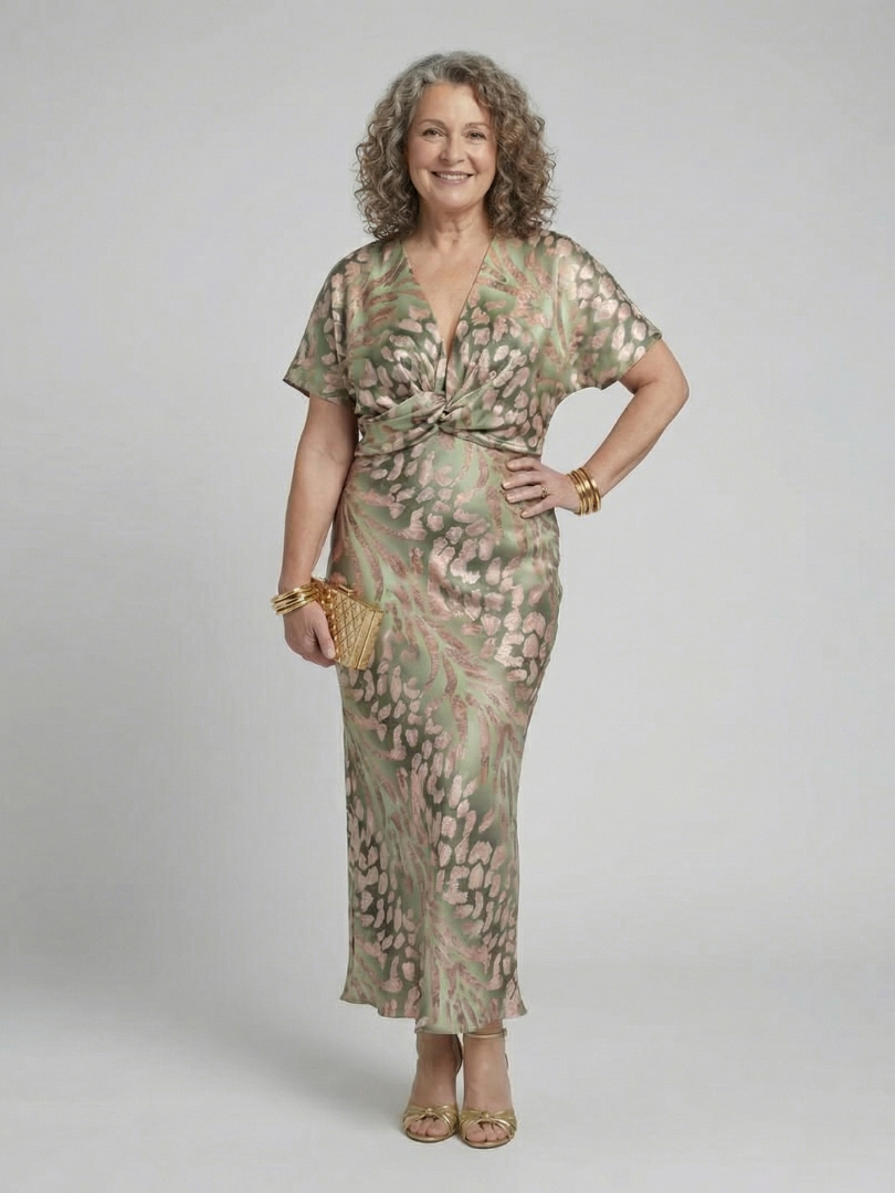 Vivian & Claire™ | Abstract Print V Neck Twist Waist Midi Dress