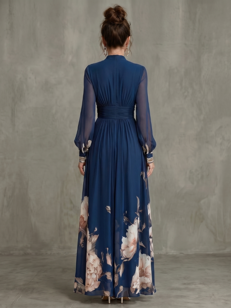 Zelia | Pleated Sheer-Sleeve Maxi Dress