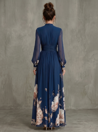 Zelia | Pleated Sheer-Sleeve Maxi Dress