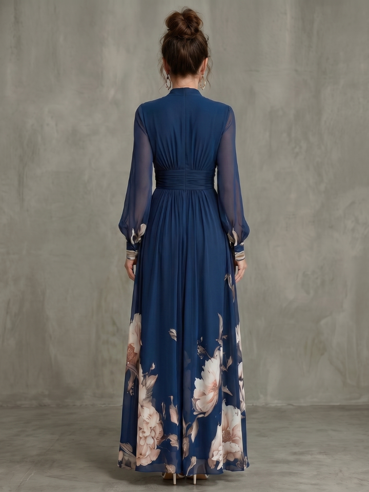Zelia | Pleated Sheer-Sleeve Maxi Dress