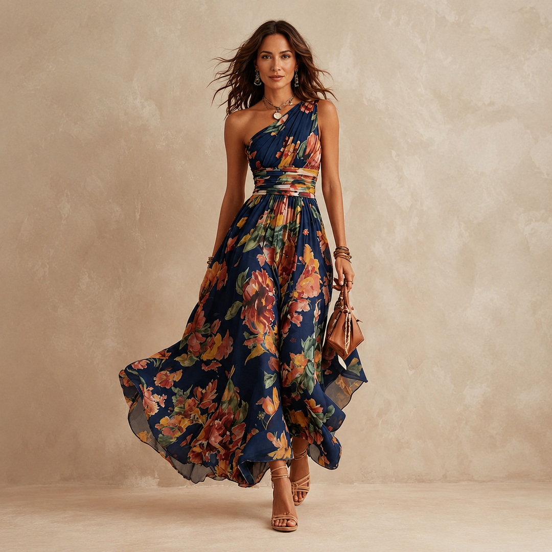 Celeste | One-Shoulder Floral Maxi Wedding Guest Dress