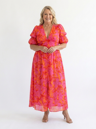 Vivian & Claire™ | Floral V Neck Puff Sleeve Midi Dress