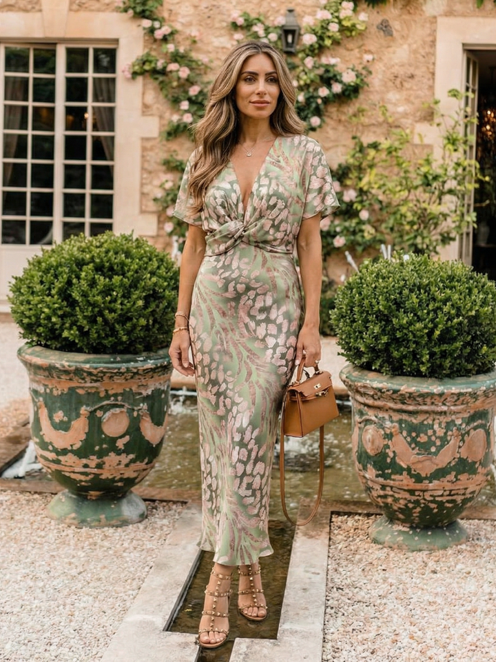 Vivian & Claire™ | Abstract Print V Neck Twist Waist Midi Dress
