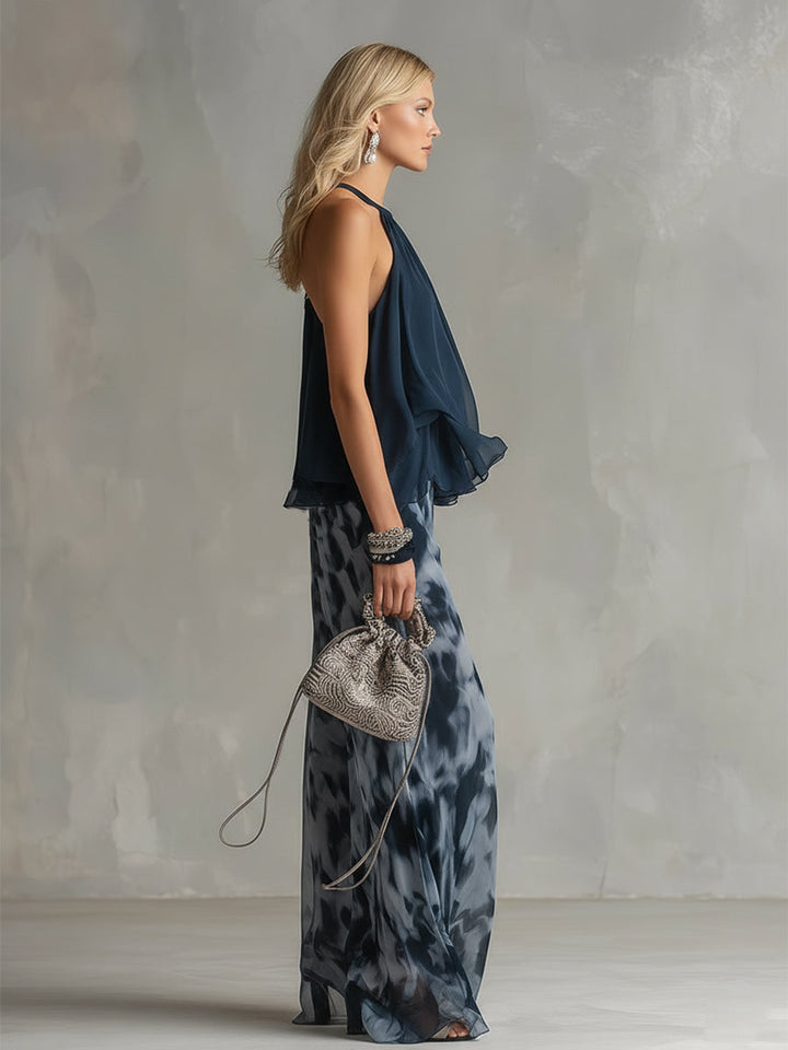 Séverine™ | Elegant navy halter neck top with printed wide-leg trousers