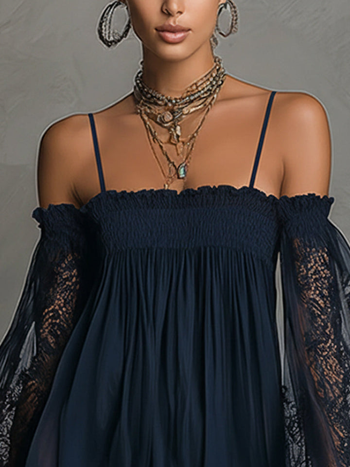 Fiorella™ | Mini Navy Chiffon Dress with Off-the-Shoulder Neckline, Lace Details, and Sheer Sleeves