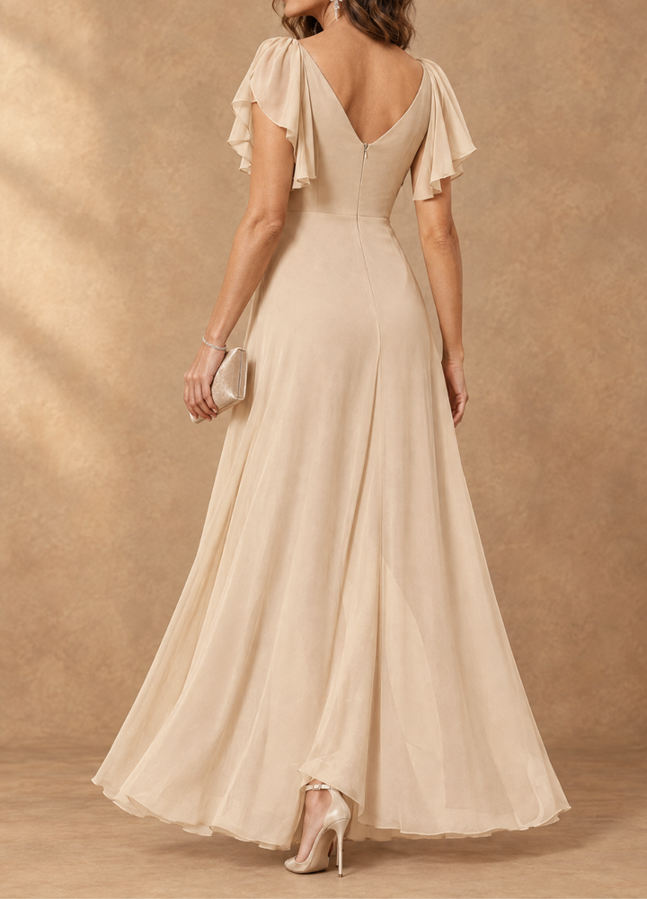 Denise Flutter Sleeve High-Low Chiffon Maxi Dress