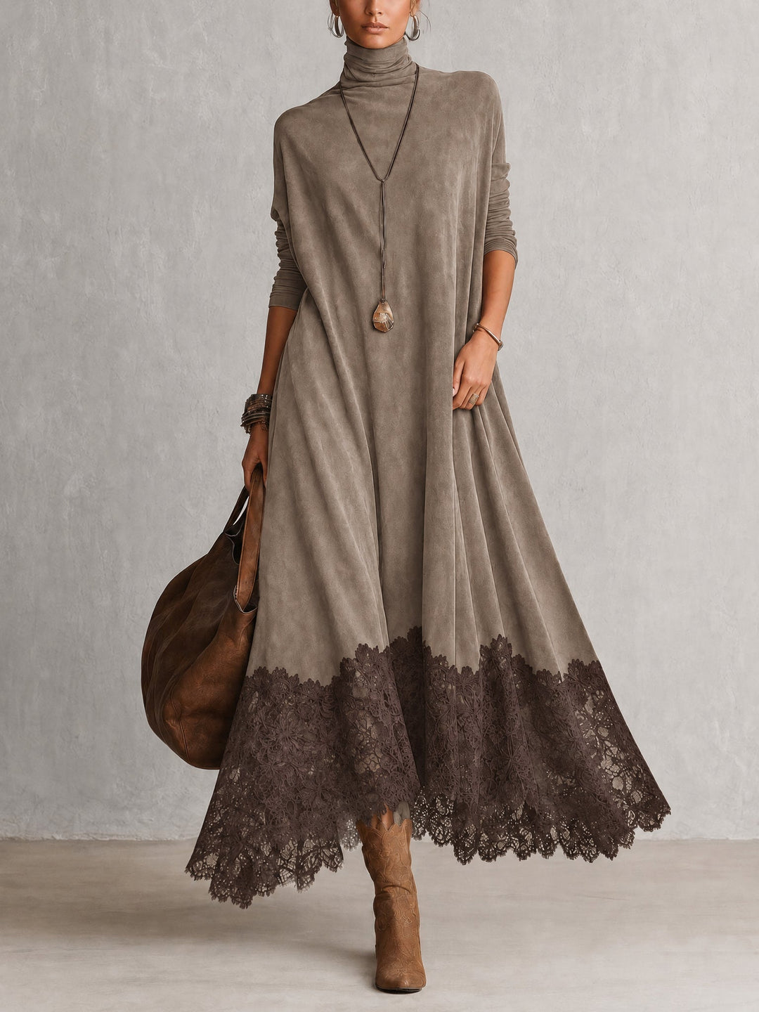 Porzia | Faux Suede Maxi Dress with Lace Hem