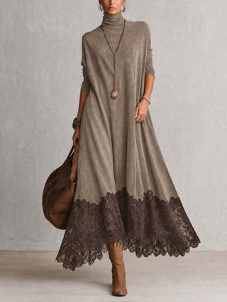 Porzia | Faux Suede Maxi Dress with Lace Hem