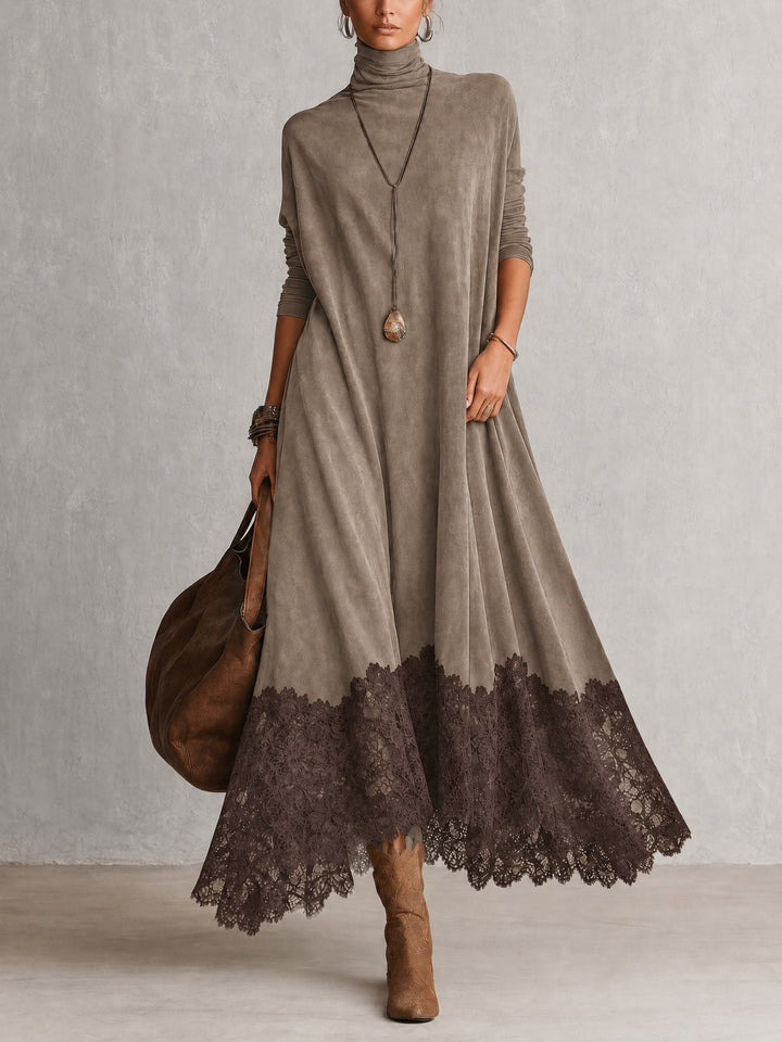 Porzia | Faux Suede Maxi Dress with Lace Hem