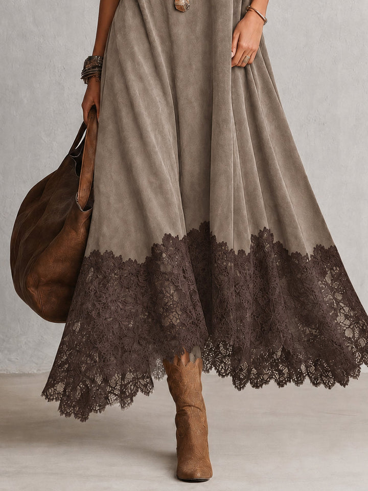 Porzia | Faux Suede Maxi Dress with Lace Hem