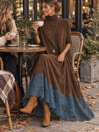 Piera | Faux Suede Maxi Dress with Lace Hem