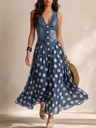 Adelina | Denim-Effect Polka Dot Maxi Dress