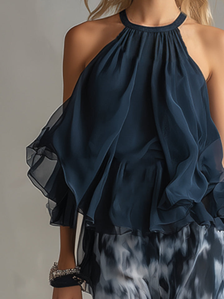 Séverine™ | Elegant navy halter neck top with printed wide-leg trousers