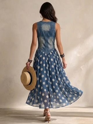 Adelina | Denim-Effect Polka Dot Maxi Dress