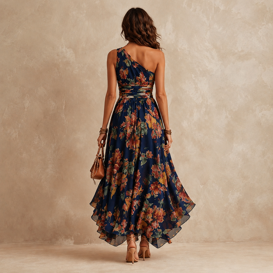 Celeste | One-Shoulder Floral Maxi Wedding Guest Dress