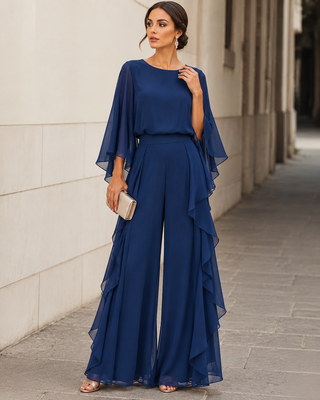 Lenorah | Cape-Sleeve Top and Ruffled Wide Leg Pants Two-Piece Set