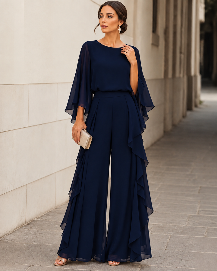 Lenorah | Cape-Sleeve Top and Ruffled Wide Leg Pants Two-Piece Set