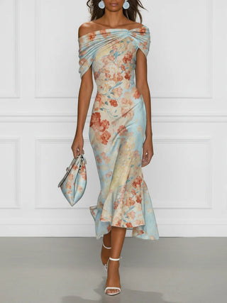 Vittoria™ | Sleeveless Midi Mermaid Dress with Off-Shoulder and Blue Floral Print