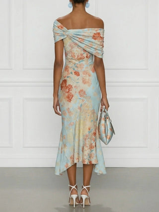 Vittoria™ | Sleeveless Midi Mermaid Dress with Off-Shoulder and Blue Floral Print