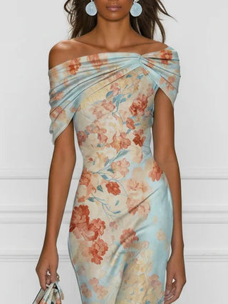 Vittoria™ | Sleeveless Midi Mermaid Dress with Off-Shoulder and Blue Floral Print