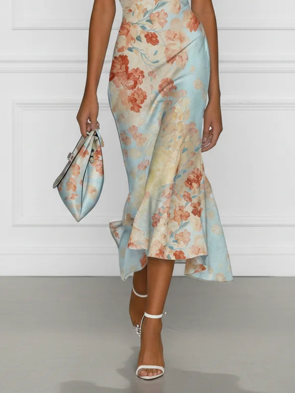 Vittoria™ | Sleeveless Midi Mermaid Dress with Off-Shoulder and Blue Floral Print